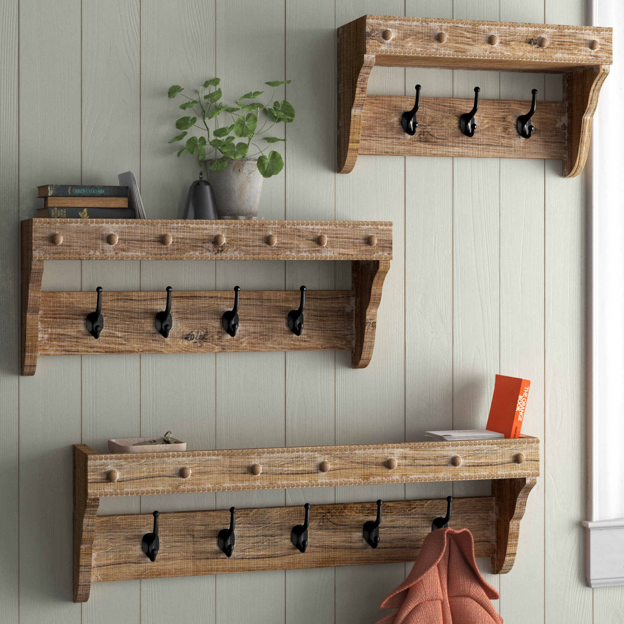 Rustic State Kabat Wall Mount Mudroom Entryway Organizer Wood Farmhouse Coat Rack with 4 Cast Iron Hooks Walnut 24 Inches Long store